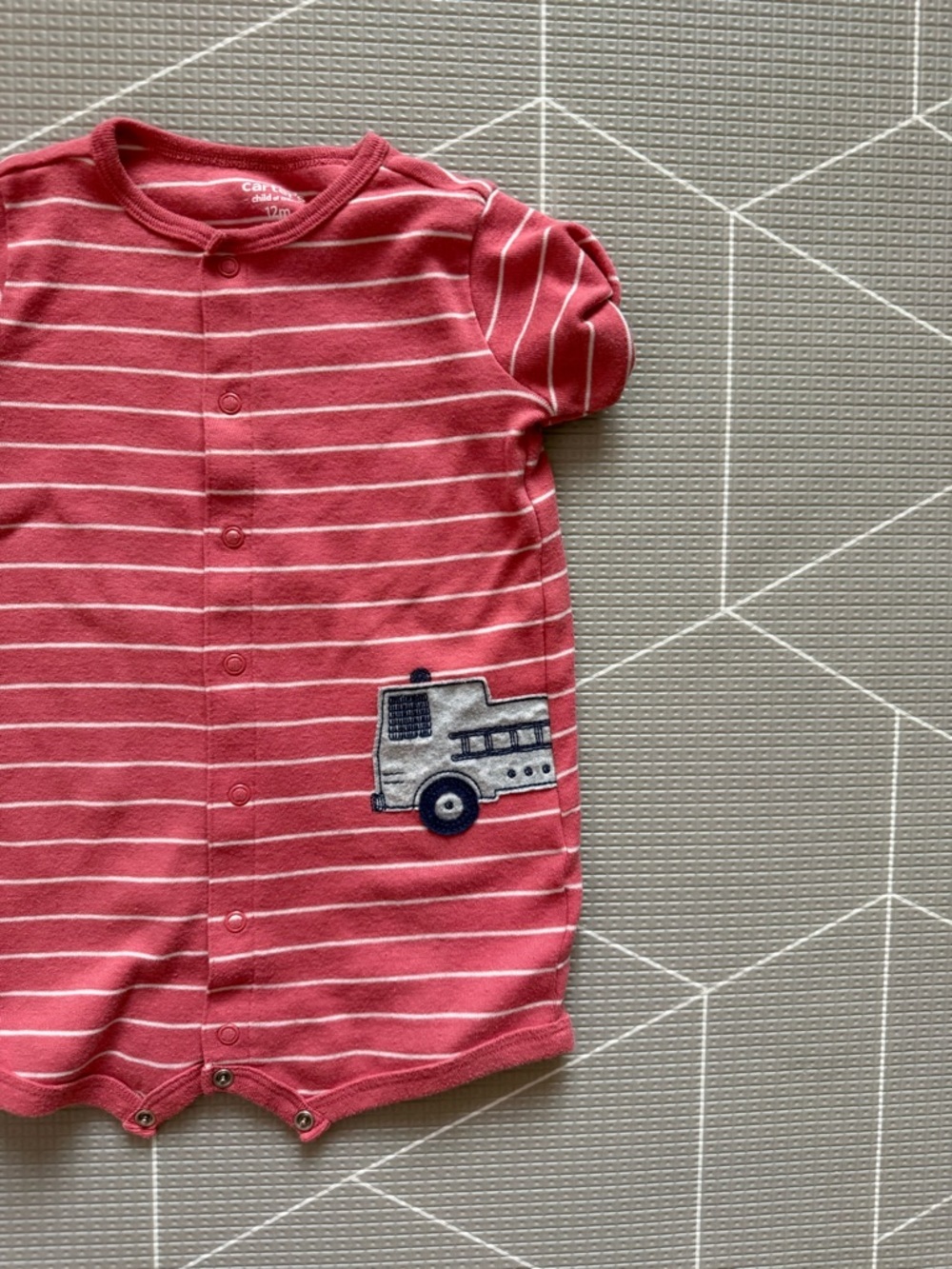 Carters|Baby boy striped short sleeve bubble romper,striped coral truck patch•••